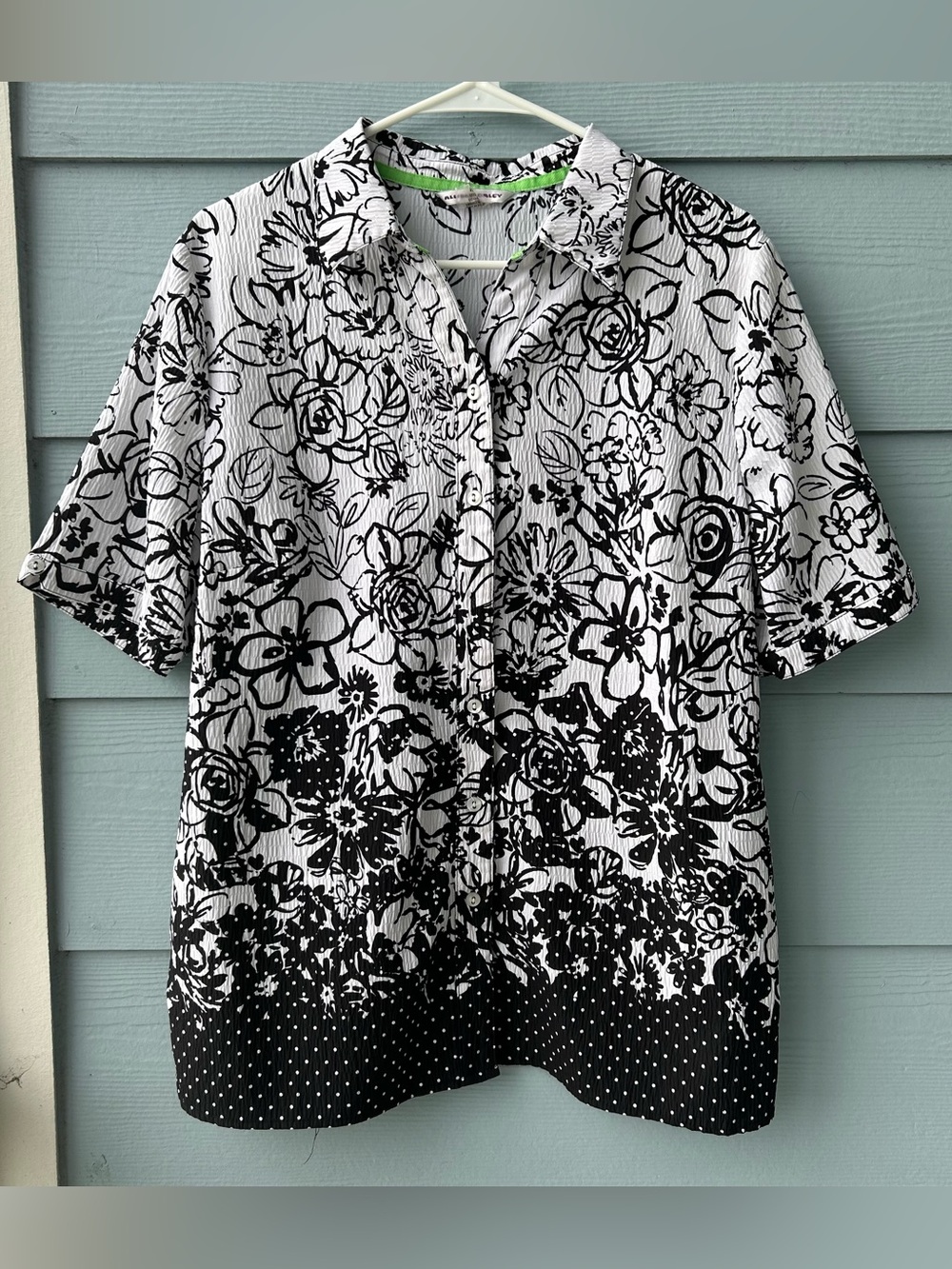 Allison Daley Black & White Floral Top with Lime Trim and Polka Dot Border